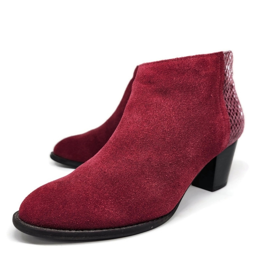 Vionic Bromley Cabernet Red Suede & Textured Snake Print Block Heel Ankle Boots - Picture 2 of 13
